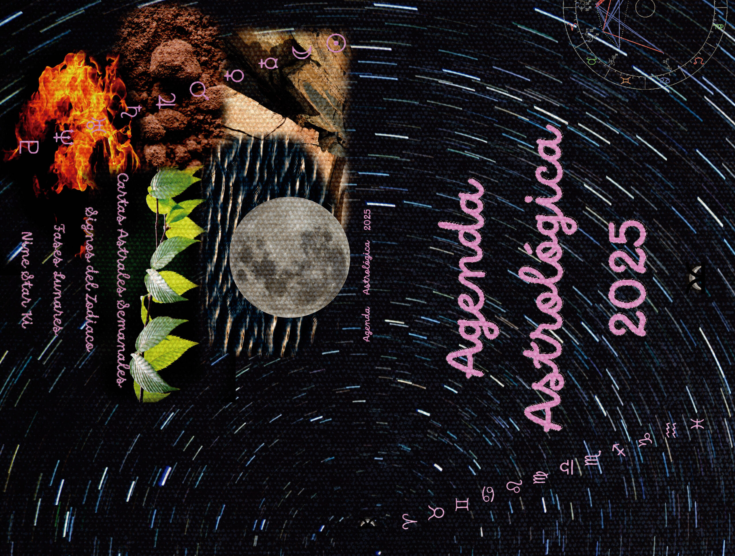 Cubierta exterior de la agenda astrológica donde se pueden ver símbolos de los signos del zodiaco, los cinco elementos en Medicina Tradicional China usados en la Energía de las Nueve Estrellas y la luna llena.